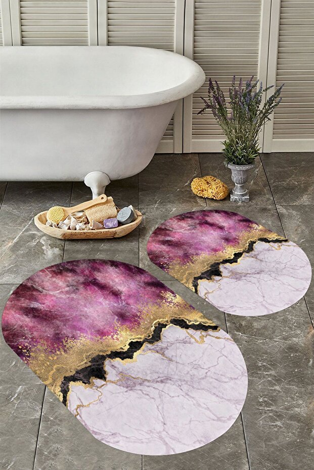 Non-Slip Base Washable Dust Stain Resistant 2-Piece Oval Toilet Bathroom Mat Set