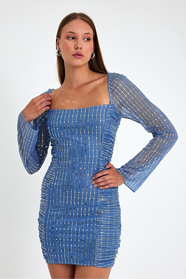 Front Back Square Neck Back Tie Detail Long Sleeve Mini Dress