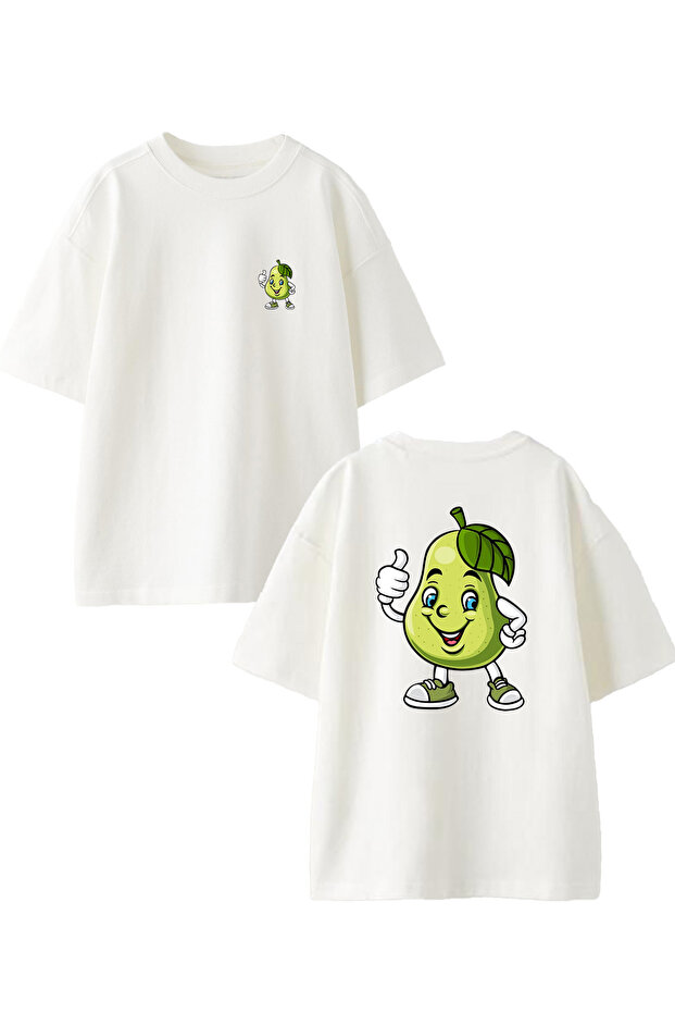 WhiTe Oversize CoTTon Pear T-shirt - FronT and Back PrinTed Unisex KniTTed
