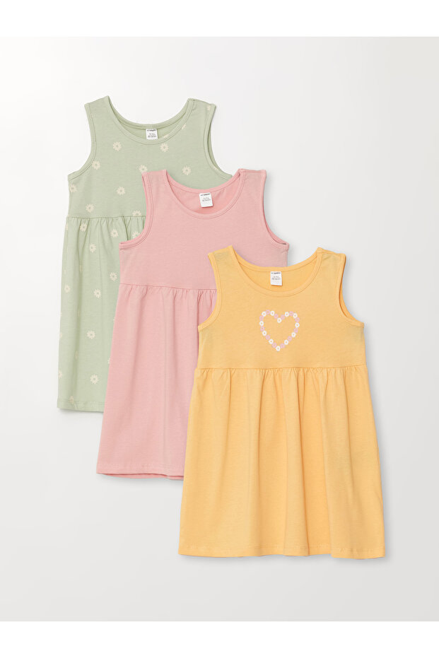 Bisiklet Yaka Kolsuz Çiçekli Kız Bebek Elbise 3'lü - 1