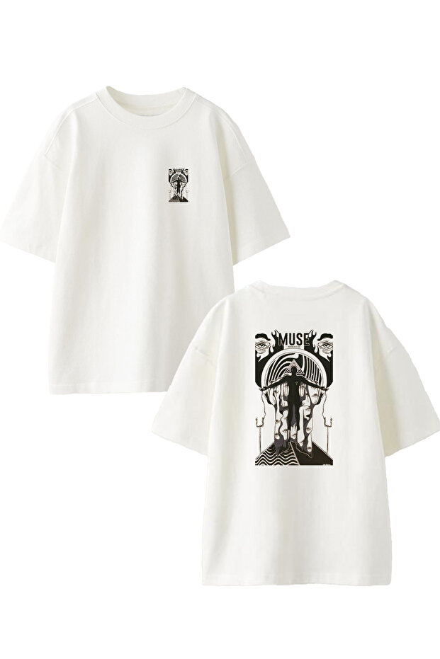WhiTe Oversize CoTTon Muse PaTTerned Unisex T-shirt