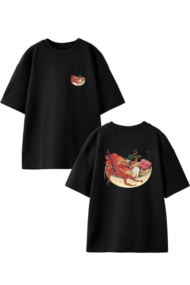 Unisex Black Oversize Cotton Chinese Breakfast Plate Front and Back Printed Knitted T-Shirt