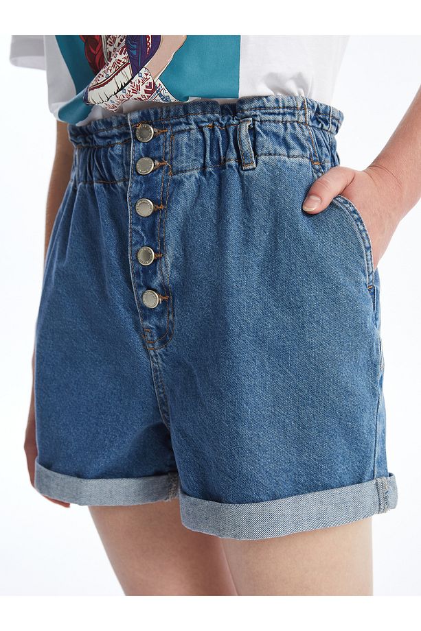 Kadın Beli Lastikli Düz Jean Şort - 3