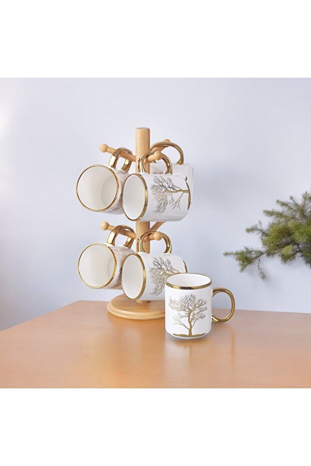 Autumn Gold Patterned - Life Tree 6-Piece Mug Set with Bamboo Stand - 7