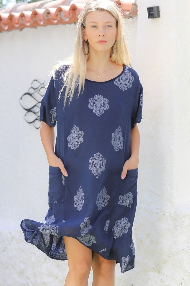 Italian Navy Blue Boat Neck Short Sleeve Pocketed Allover Printed Woven Casual Linen Blend Dress