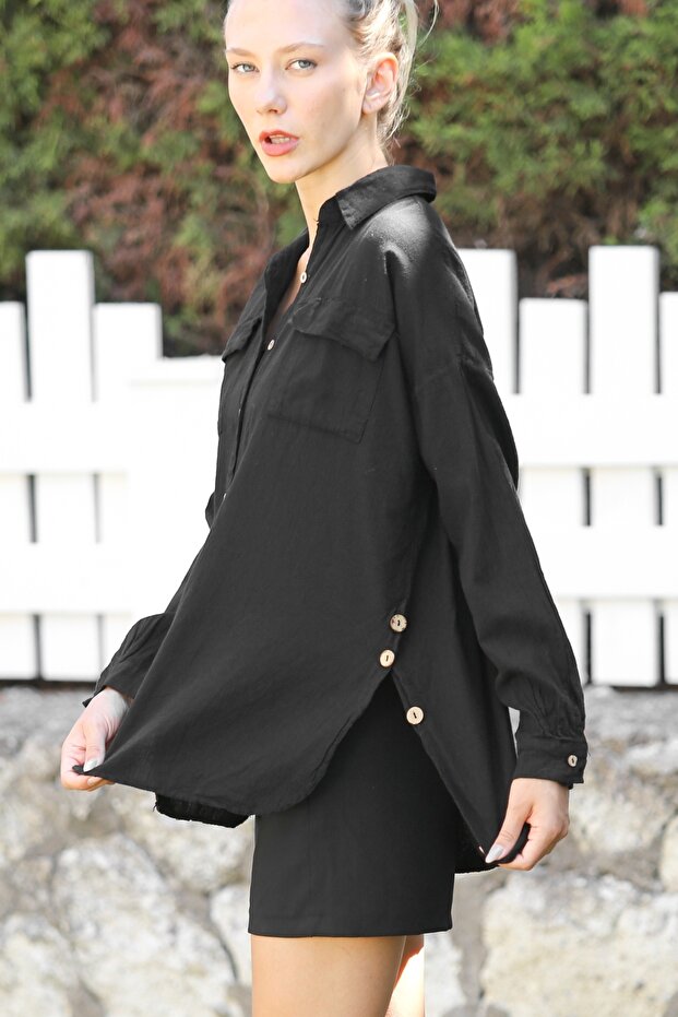 Organic Cotton Black Shirt Collar Long Sleeve Double Flap Pockets Side Buttons Woven Casual Shirt