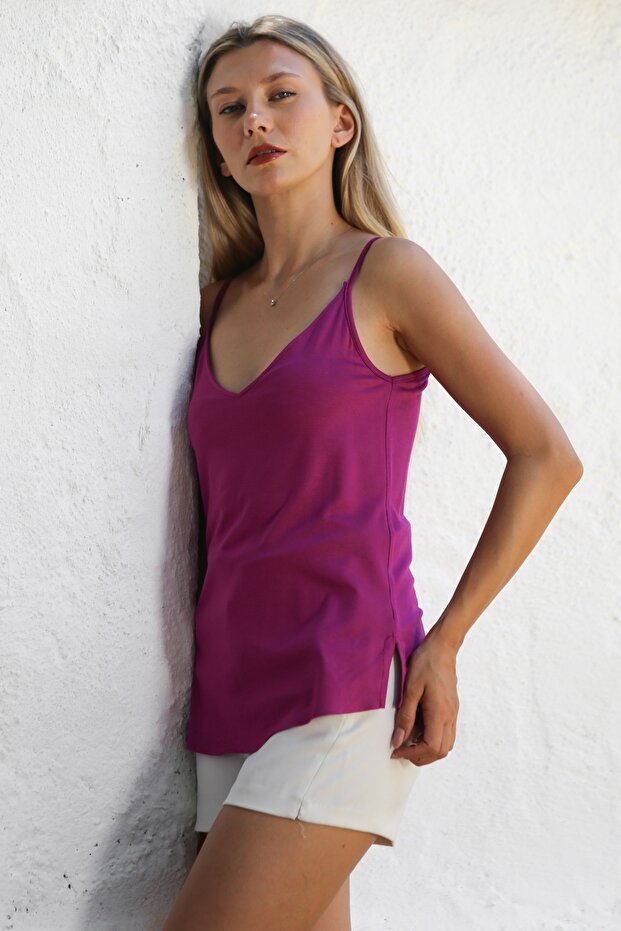 Mor V Yaka Askılı Yarım Astarlı Yırtmaçlı Örme Basic Casual Bluz - 2