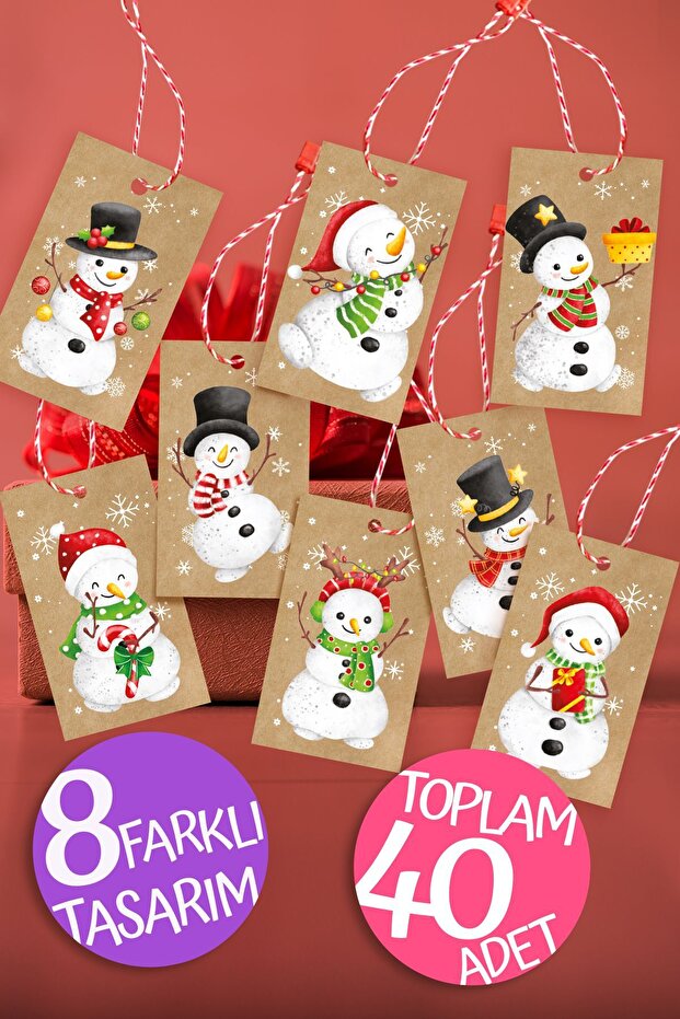 New Year and Winter Gift Kraft Label, Snowman Model-2, 40 Pieces 5X8 Cm, Locked Thread, Perforated Label
