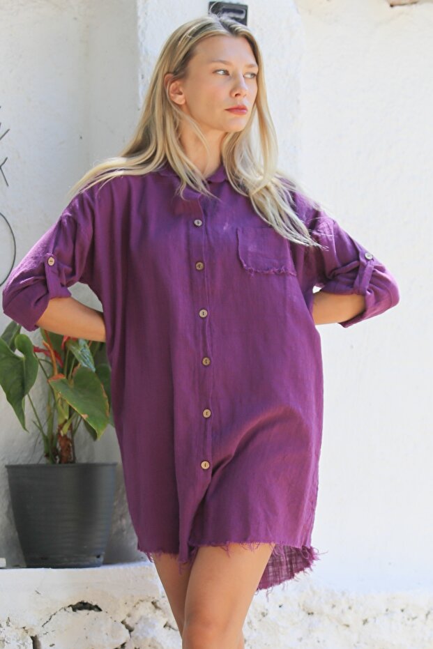 Cămașă mov din bumbac - Cămașă casual lavabilă cu nasturi cu rever, mâneci lungi și buzunare - 2