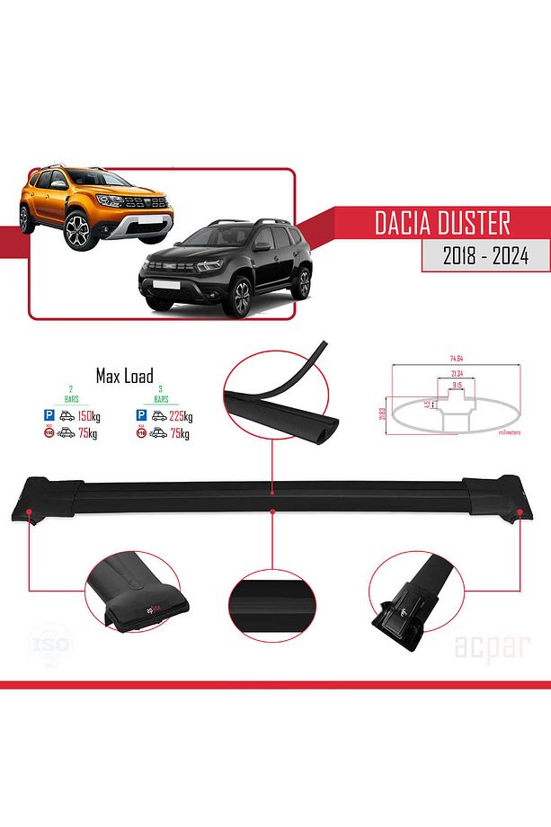 Dacia Duster 2018-2023 Arası Ile Uyumlu Fly Model Ara Atkı Tavan Barı Siyah - 5