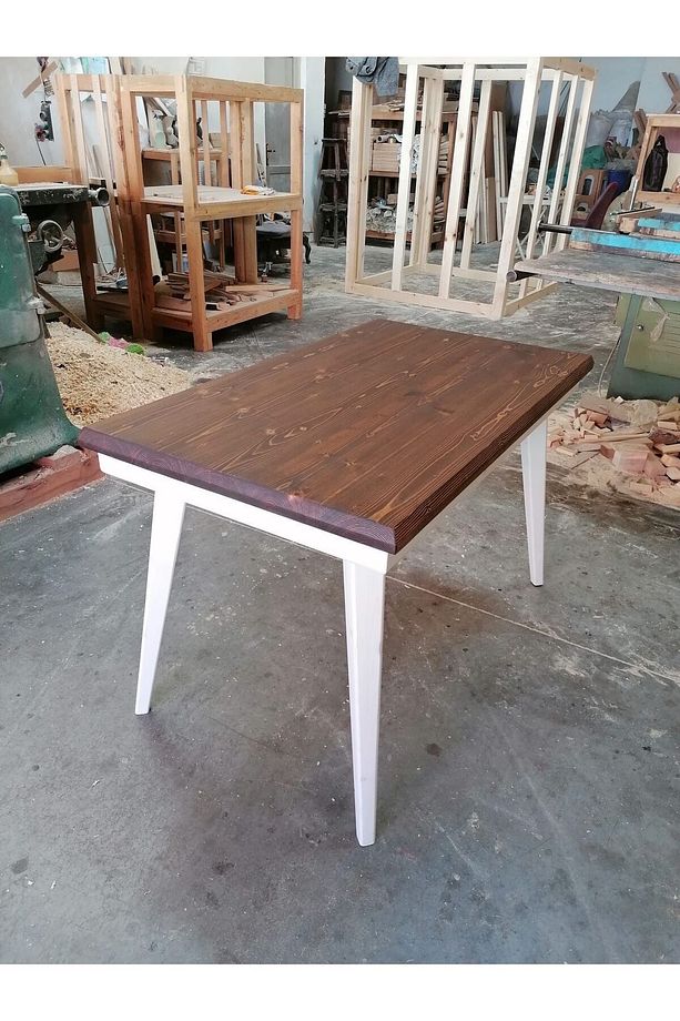 Kare Konik Ayaklı Masif Ahşap Kütük Masa, 120x70 cm, Çalışma-Yemek-Mutfak-Kafe Masası - 2