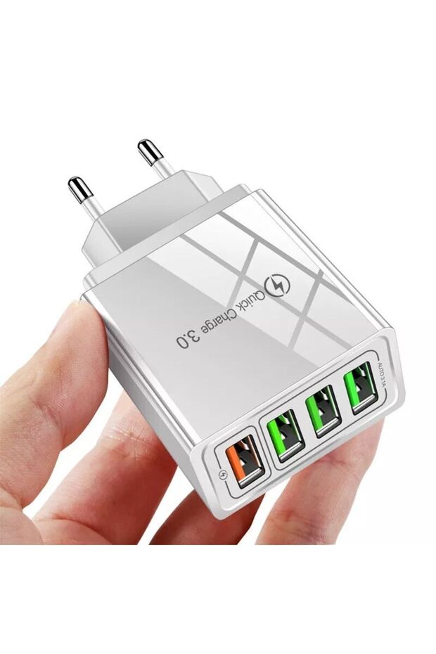 Hızlı Şarj Qc 3.0 4 Usb Portlu 3,1 A - 48 W - Beyaz - Çoklu Şarj + 3 A Micro Usb Hızlı Şarj Kablosu - 3
