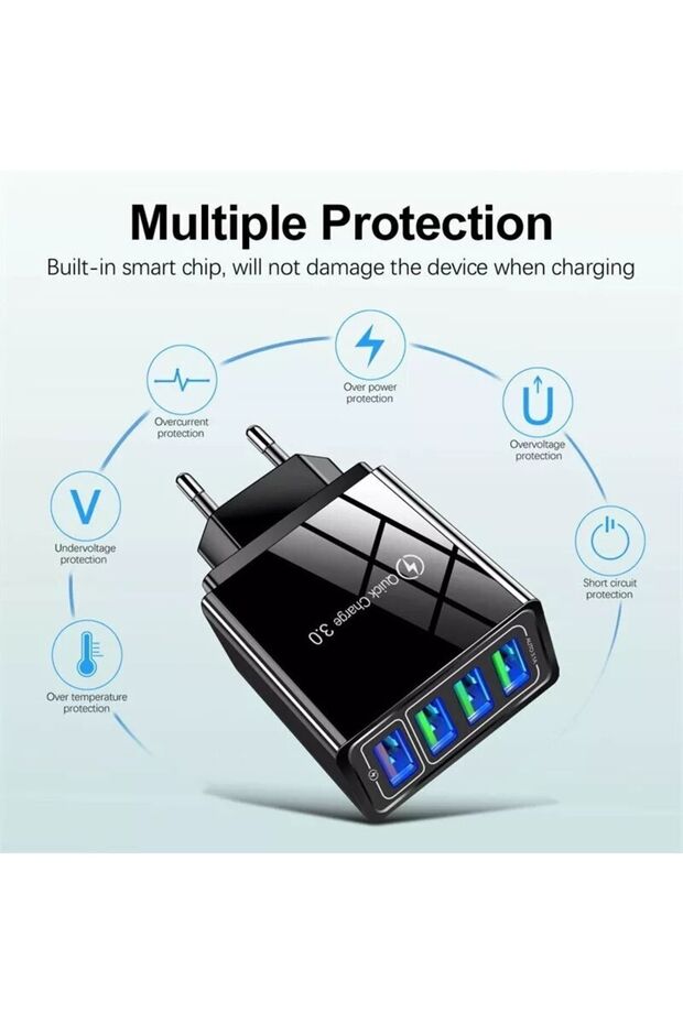 Hızlı Şarj Qc 3.0 4 Usb Portlu 3,1 A - 48 W - Beyaz - Çoklu Şarj + 3 A Micro Usb Hızlı Şarj Kablosu - 4