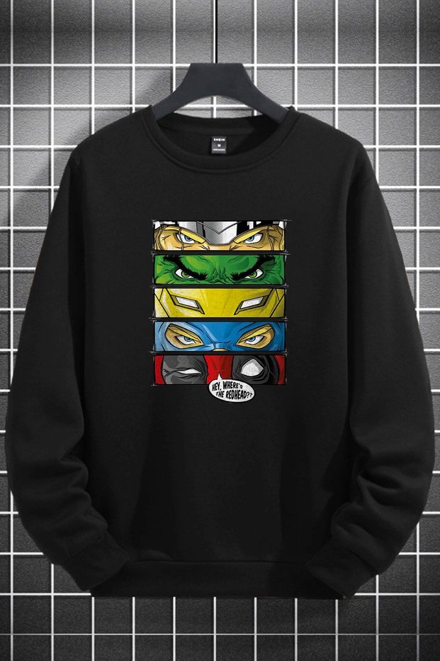 Unisex Women Men Marvel Characters Design Logo Printed Crew Neck Black Fleece Sweatshirt