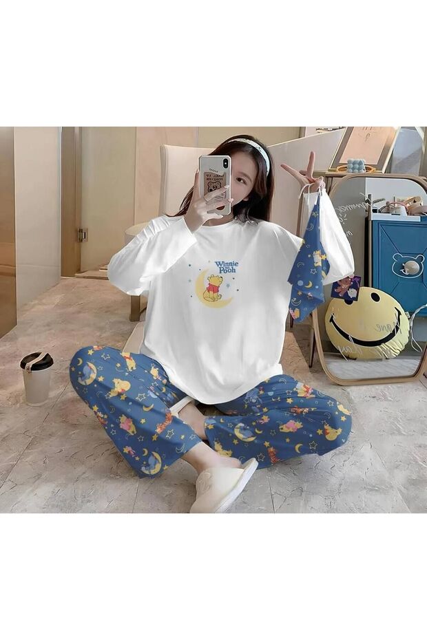LONG SLEEVE PAJAMAS SET WİNNİE THE POOH PRINTED 3 PIECES SUPERSOFT COMBED WHITE LONG SLEEVE