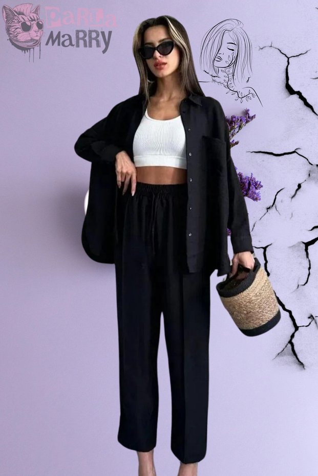 Women's Two-Piece Set Black Linen Shirt Pants Oversize