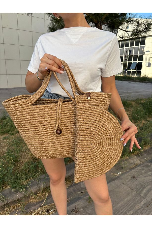 Lumos Fermuarlı Hasır Jüt Vegan Clutch Çanta, Düğmeli Kol Çantası - 1