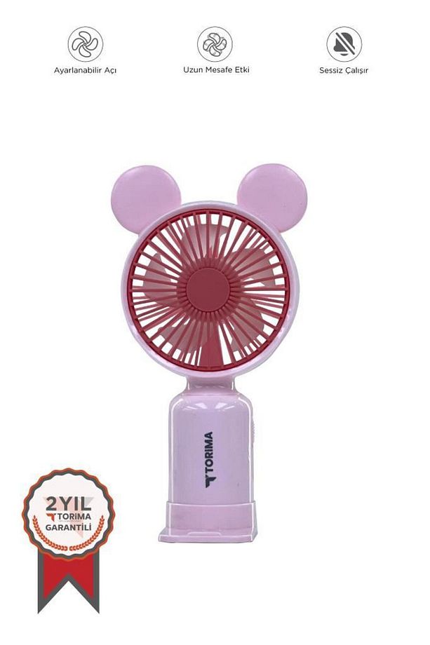 F-12 Pembe Mini Taşınabilir Fan Şarjlı 2 Kademeli Ledli Ayıcık Kulak Vantilatör Klima Soğutuc - 1