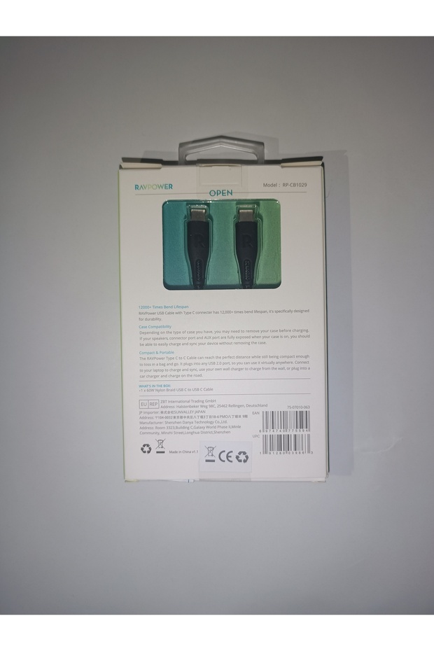 كابل RAVPower RP-CB1029 60 وات سريع الشحن من النايلون المضفر باللون الأسود الإصدار العالمي من النوع C إلى C بطول 1.2 متر