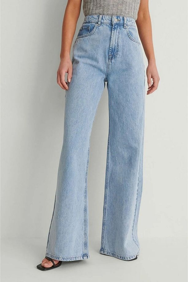 Goofy Açık Mavi Kar Yıkama Süper Yüksek Bel Bol Paça Denim Kot Pantolon - 3