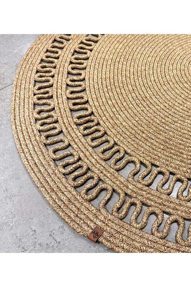 Mola Serisi  jüt Hasır görünümlü Desenli Modern El Örgüsü Daire Halı Kilim - 3