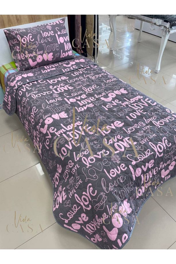 Tek Kişilik Kapitone Yatak Örtüsü Love Gri - 3