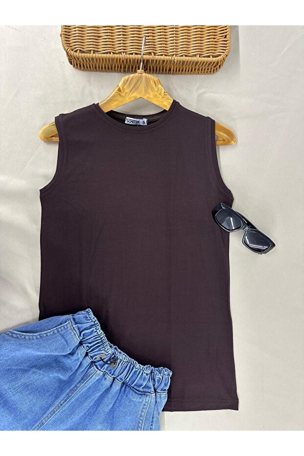 Women's Round Neck Sleeveless Viscose Body Athlete Top Brown