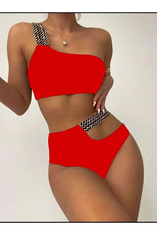 Kadın Kırmızı Simli Tek Omuz Kurdele Nakış Lastik Detaylı Yüksek Bel Astarlı Şık Bikini Takımı - 5