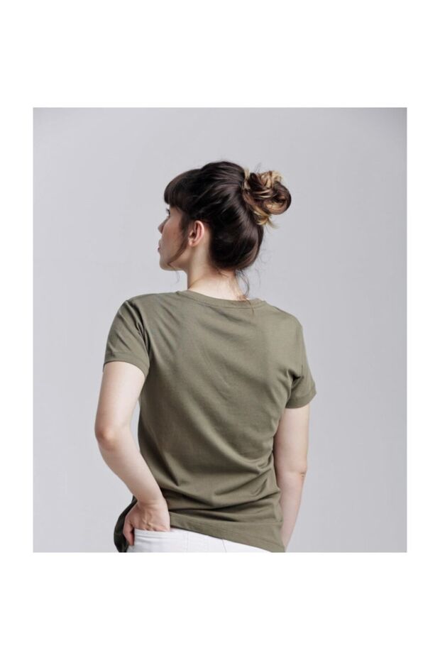 Klasik V Yaka Basıc T-shırt Haki - 2
