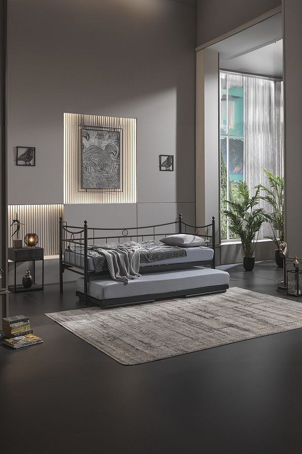 Daily Yavrulu Daybed Tek-çift Kişilik Sedir Metal Karyola Yatak Seti Siyah - 3