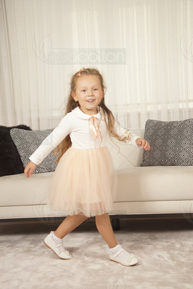 Girl's Peter Pan Collar Long Sleeve Lined Tulle Dress
