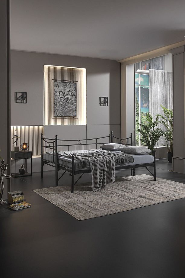 Daily Yavrulu Daybed Tek-çift Kişilik Sedir Metal Karyola Yatak Seti Siyah - 5