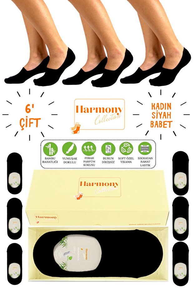 Bamboo Women's Black Ballerinas 6 (Pair) with Special Box, Seamless Toe and Silicone Non-Slip Heel Premium
