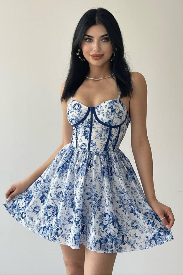 Women's Floral Print Fabric with Chest Padding and Lining Design Strap Mini Dress 231