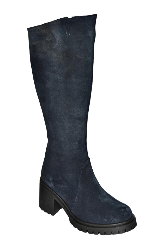 R654047702 Granatowe buty damskie z prawdziwej skóry zamszowej na grubym obcasie - 5