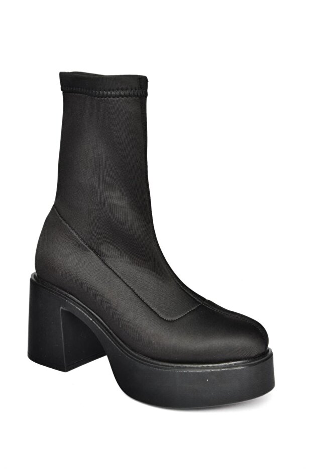 R404300004 Siyah Streç Kumaş Kalın Topuklu Kadın Bot - 7
