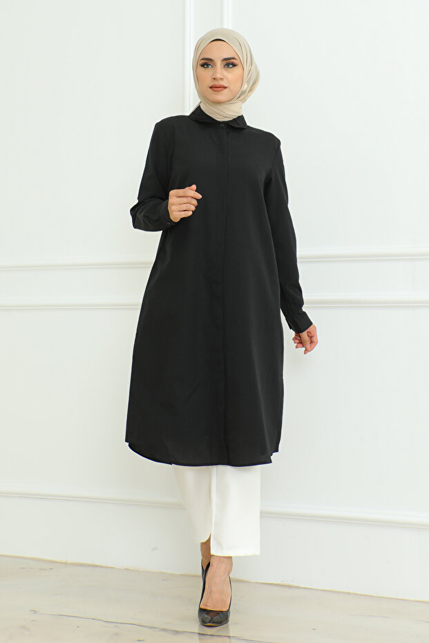Women's black long sleeve lapel buttoned long hijab tunic