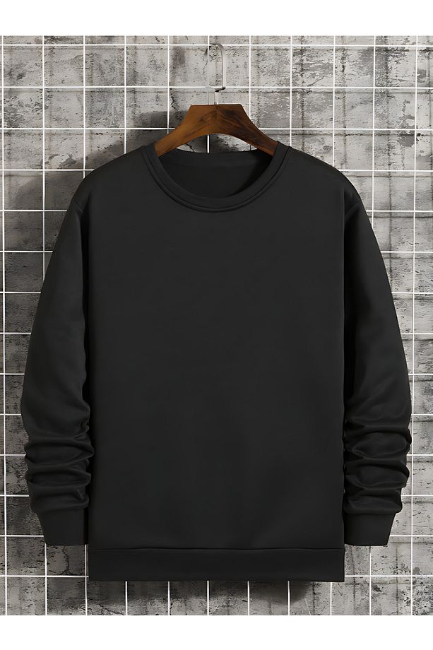 Baskısız Düz Sweatshirt - Kalın Kışlık Şardonlu Uzun Kol Oversize Bisiklet Yaka - 1