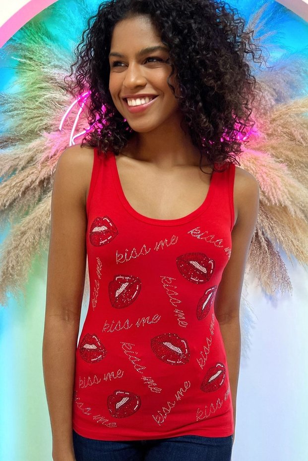 Slim Fit / Slim Fit Crystal Stone Lip Printed Cotton Sleeveless Women's Athlete