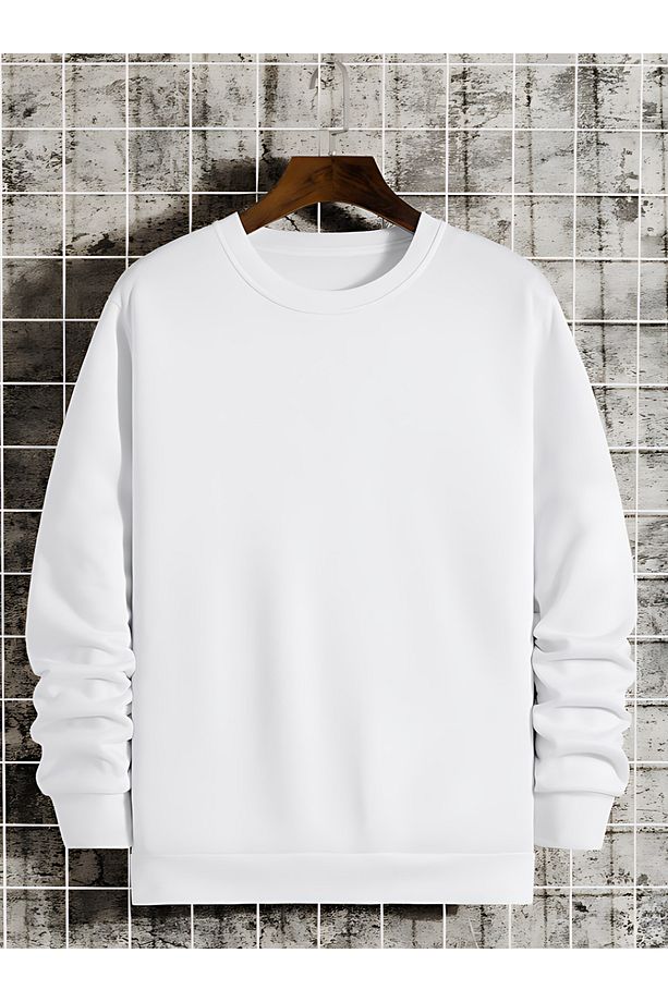 Baskısız Düz Sweatshirt - Kalın Kışlık Şardonlu Uzun Kol Oversize Bisiklet Yaka - 1