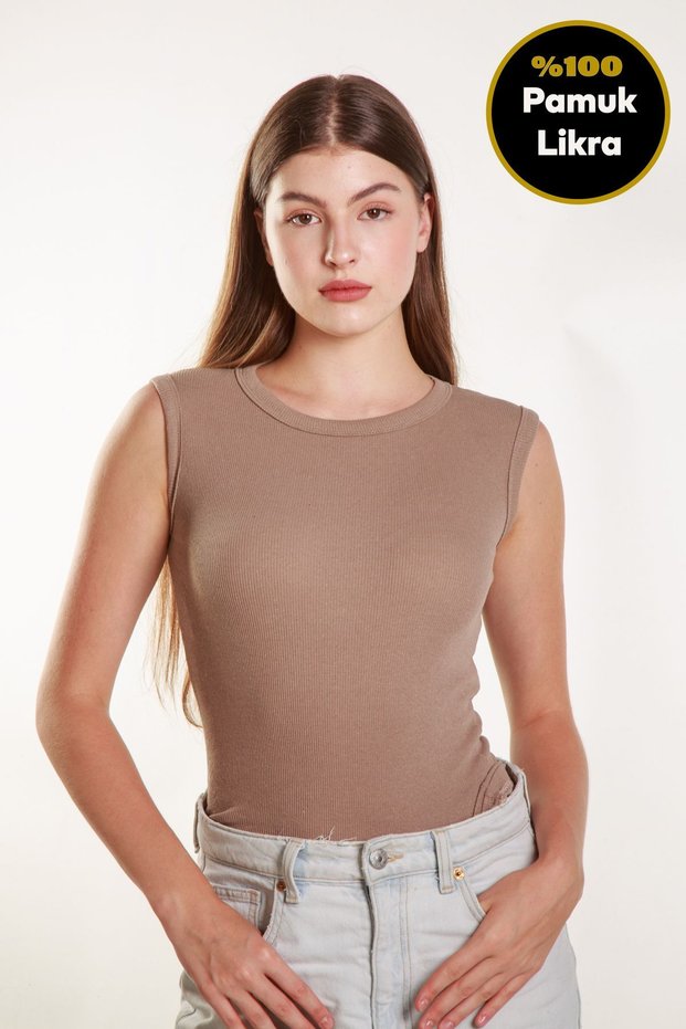 Women's Vizyon Ribbed Lycra Zero Sleeve Crew Neck Knitted Athlete Tshirt Blouse