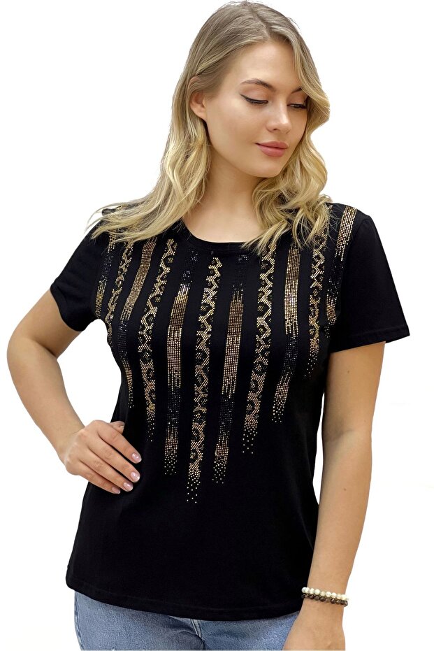 Leopard Crystal Stone Short Sleeve Crew Neck Plus Size Cotton Black Women's T-shirt