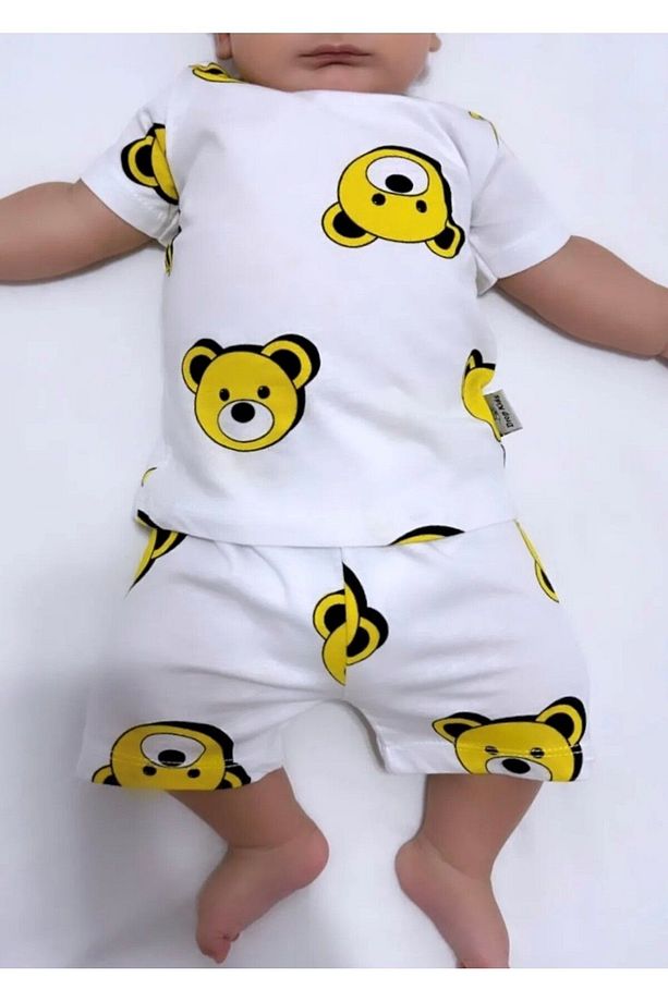Bebek Pijama Takımı Kısakol Şort Sarı Ayıcık Desen %100 Pamuk Yenidoğam - 1