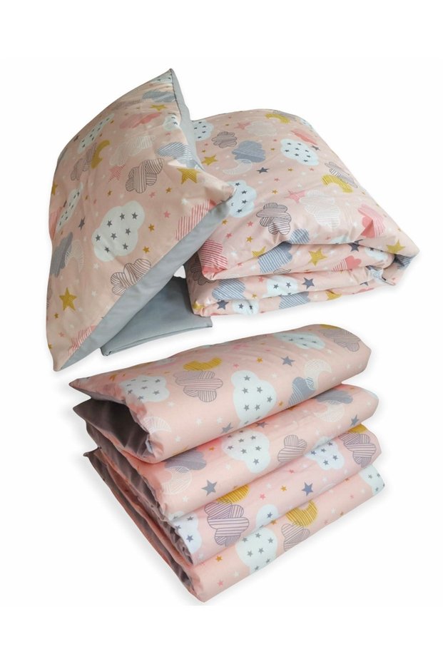 100% Cotton 80X130 Furniture Crib Edge Protection Sleeping Set Salmon Moon Star Gray (7 Pieces)