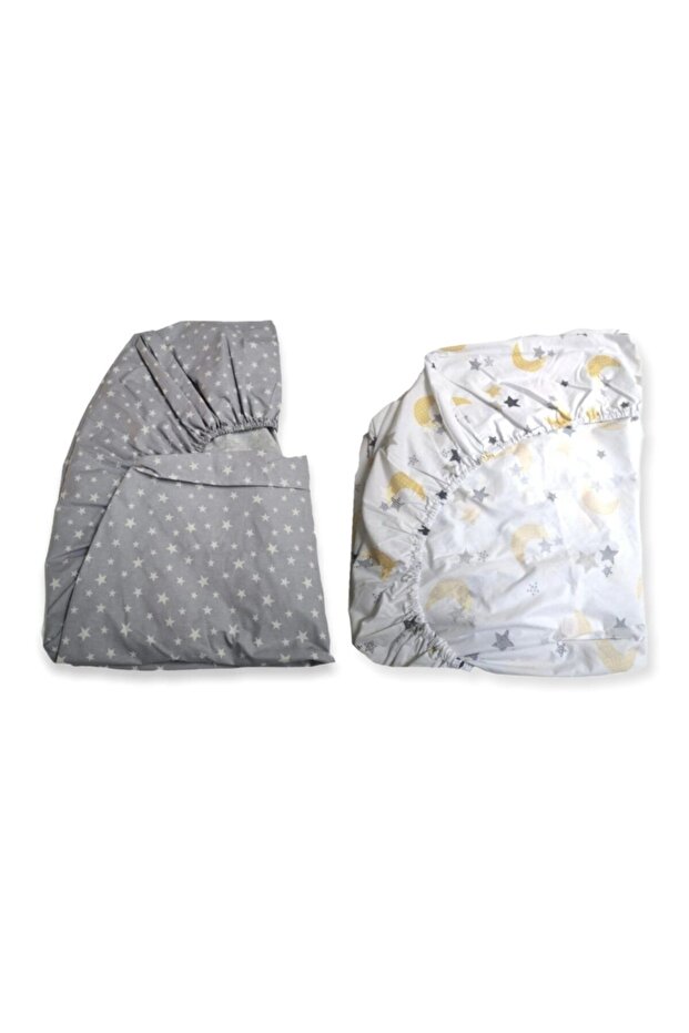 100% Cotton Children's Fitted Sheet 90X190 Gray with Stars, Yellow and Moons (2 Pcs)