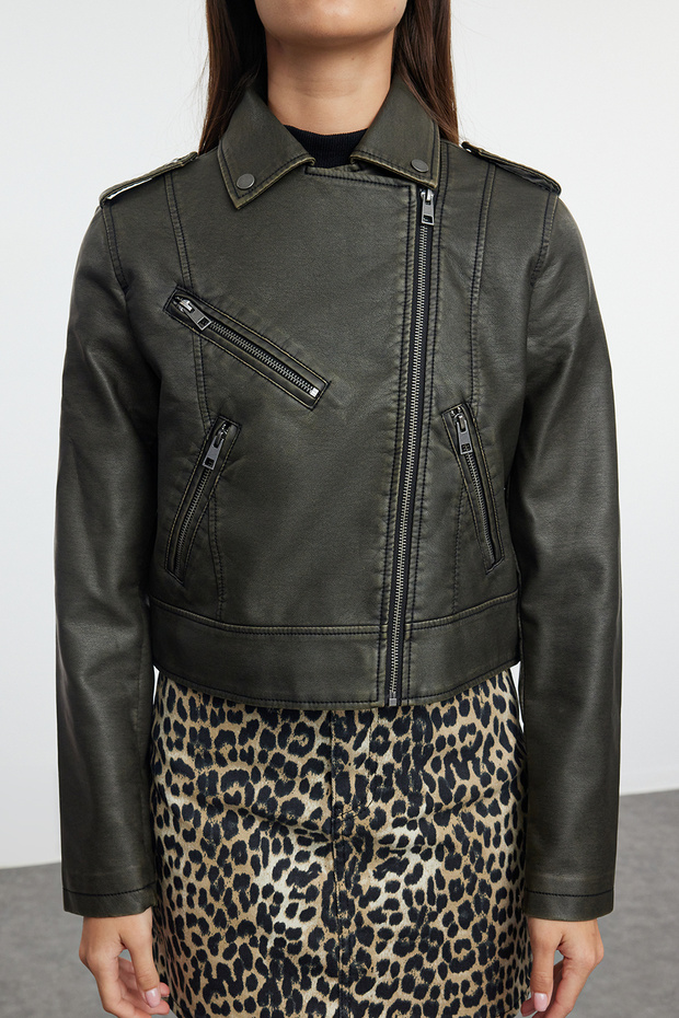 Antrasit Eskitme Detaylı Suni Deri Biker Ceket Mont TWOAW24MO00277 - 3