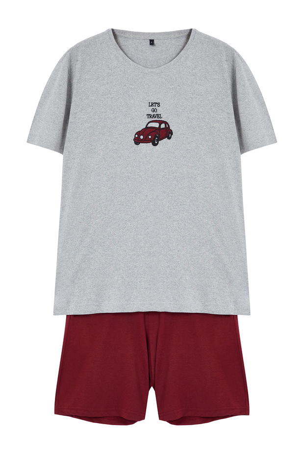 Gri - Bordo Regular Fit Nakışlı Örme 3 lü Pijama Takımı TMNAW25PT00024 - 9