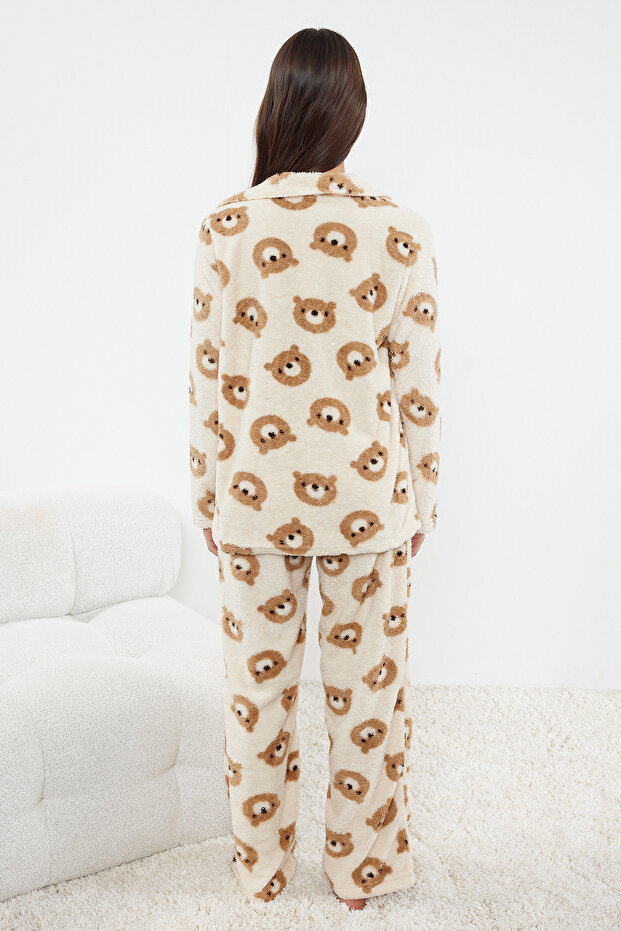Ekru Ayıcıklı Wellsoft Kışlık Örme Pijama Takımı THMAW25PT00054 - 5