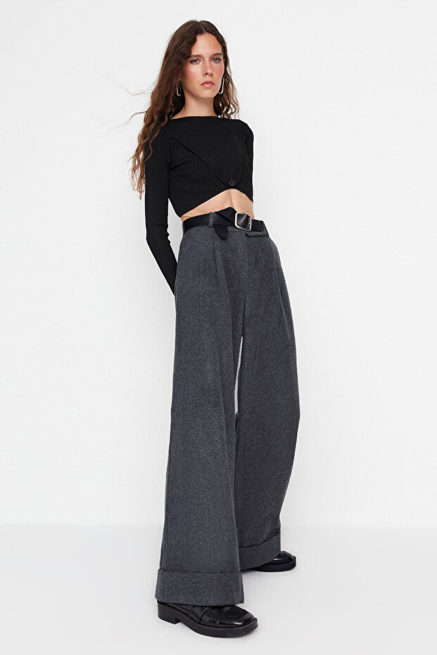 Antrasit Wide Leg/Geniş Paça Yüksek Bel Dokuma Pantolon TWOAW23PL00302 - 7