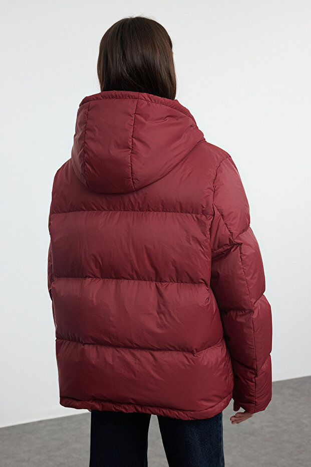Bordo Oversize Kapüşonlu Kaz Tüylü Su İticili Şişme Mont TWOAW25MO00102 - 5